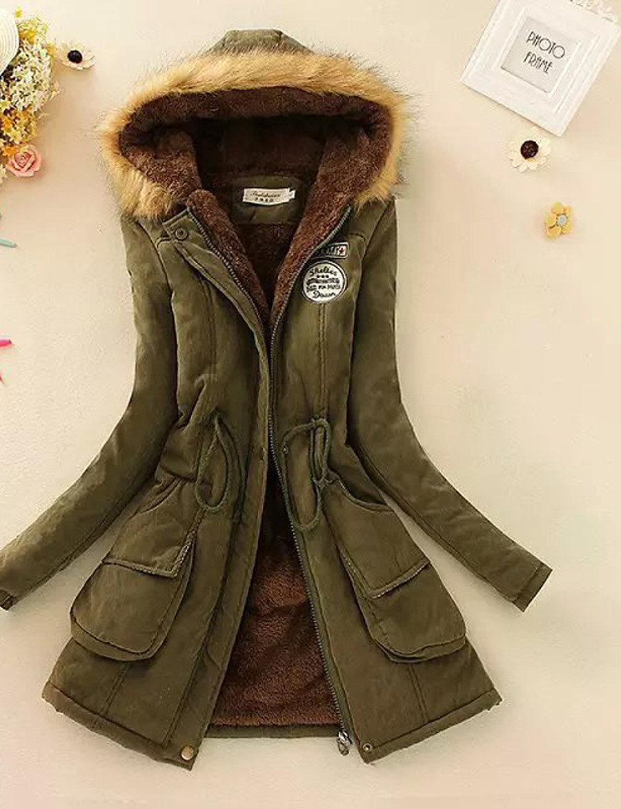  Women's Parka Sports & Outdoor Daily Long Coat Regular Fit Streetwear Jacket Long Sleeve Solid Colored Blue Blushing Pink Army Green / Fleece Lining / Cotton