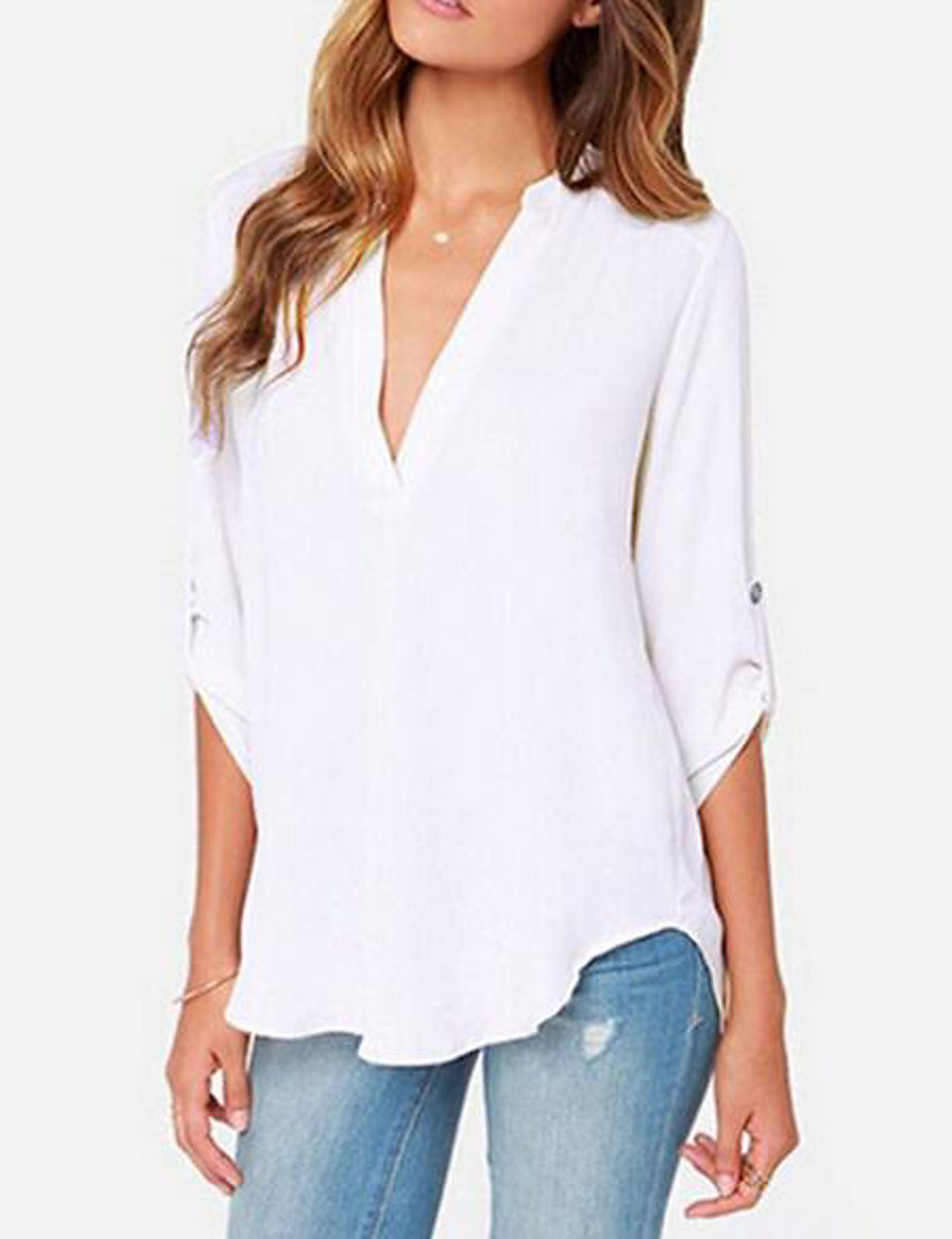  Women's Blouse Shirt Long Sleeve Plain Solid Colored Deep V Casual Tops Chiffon Blue Wine Gray