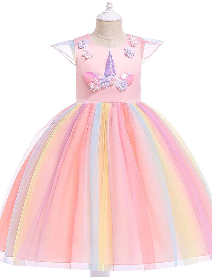  Kids Little Girls' Dress Unicorn Rainbow Patchwork Colorful Tulle Dress Party Holiday Cartoon Blue Purple Yellow Knee-length Short Sleeve Active Princess Sweet Dresses Spring Summer 2-9 Years