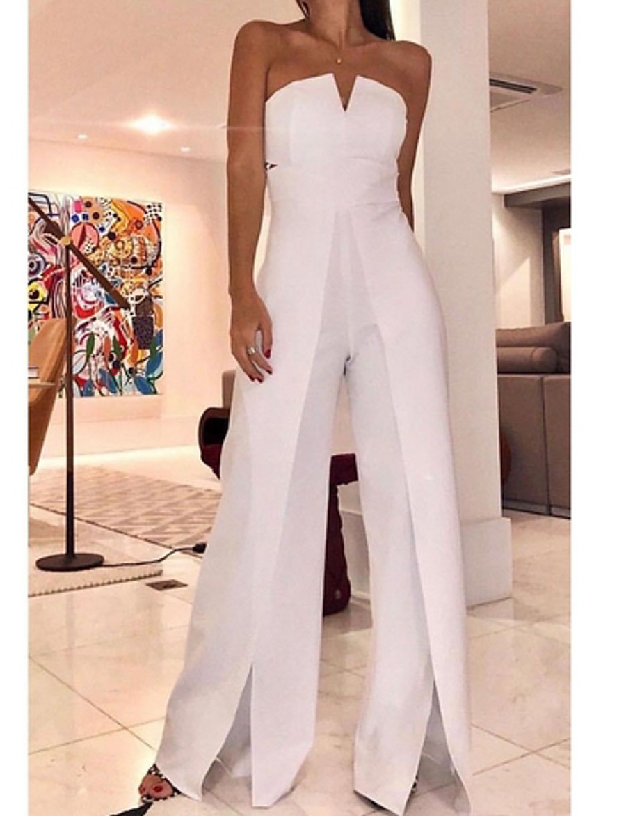  Women's Elegant Sexy Streetwear Party Wedding Holiday 2021 White Slim Jumpsuit Solid Color Split Off Shoulder Fashion / Wide Leg
