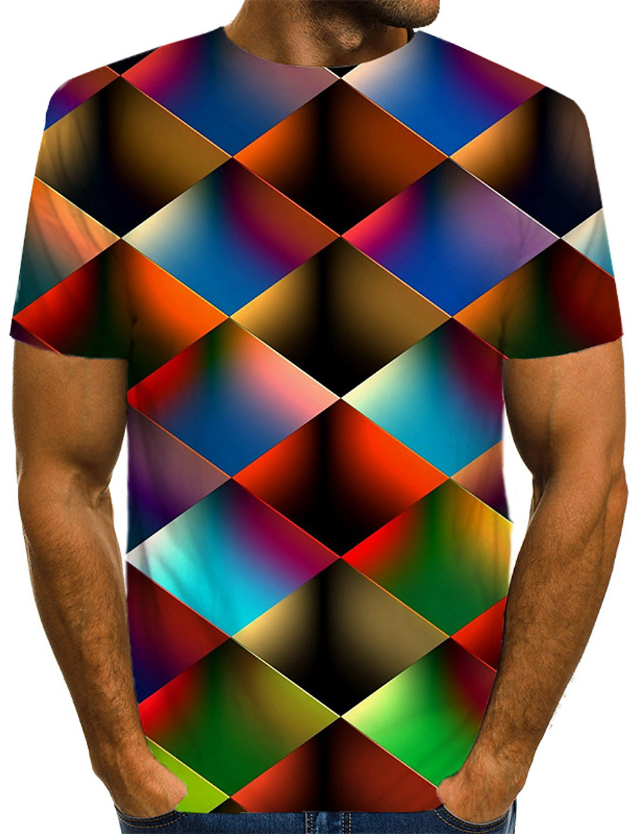  Men's Tee T shirt Shirt Graphic Geometric 3D Print Round Neck Plus Size Casual Daily Short Sleeve Print Tops Streetwear Exaggerated Rainbow Blue Rainbow / Summer