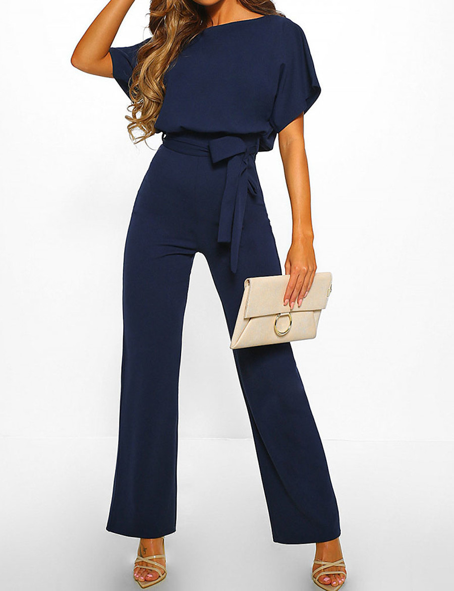  Women's Jumpsuit  Casual Daily Going out 2021 Black Blue Red Jumpsuit Solid Color Wide Leg Belted Loose