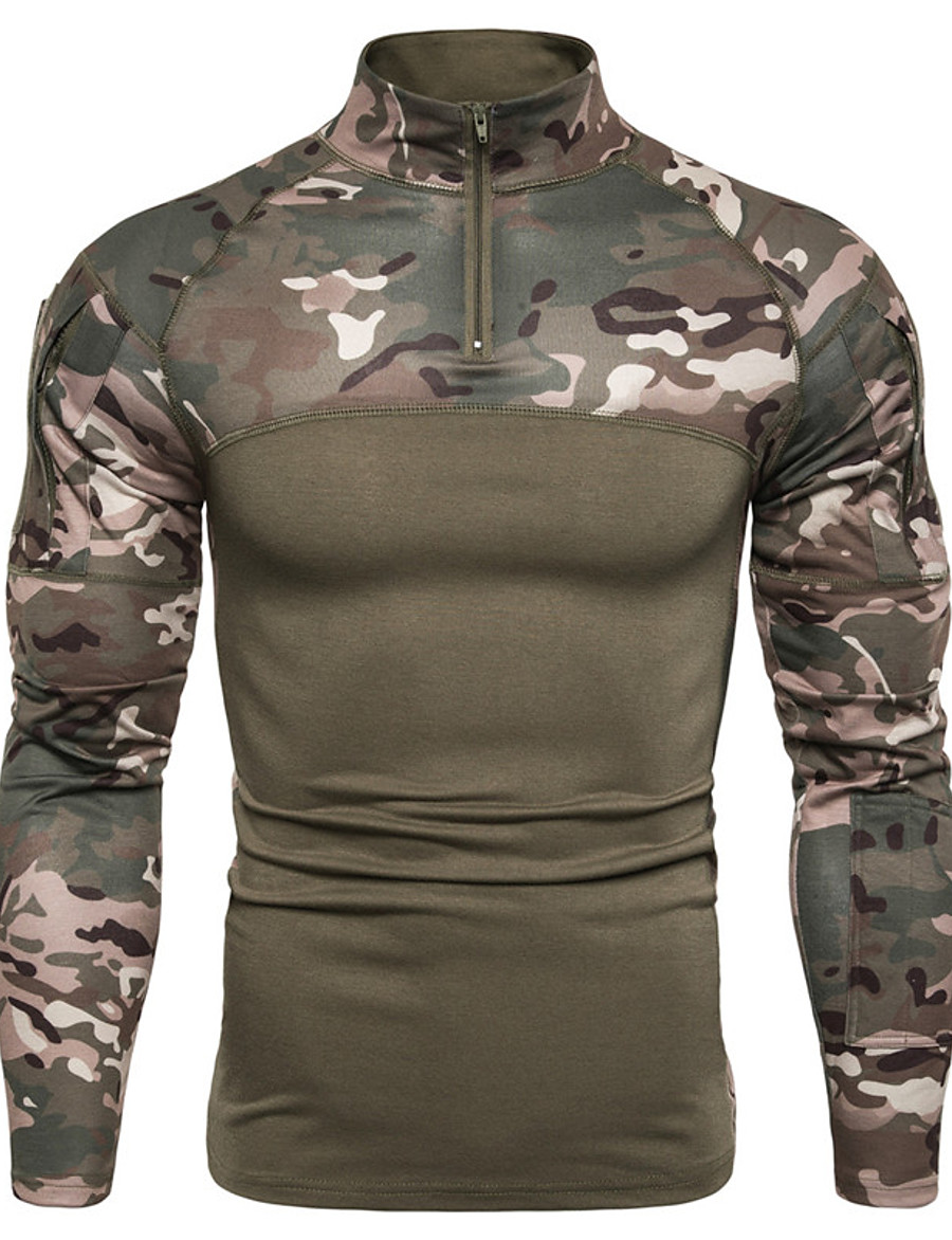  Men's T shirt Graphic Camo / Camouflage Standing Collar Daily Casual / Daily Long Sleeve Tops Military Black Army Green Gray