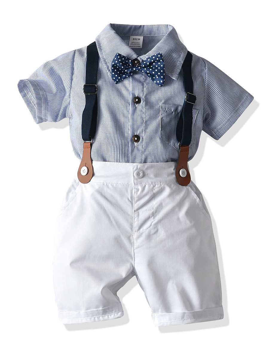  Baby Boys' Chinoiserie Boho Cotton Striped Short Short Sleeve Clothing Set Light Blue / Toddler