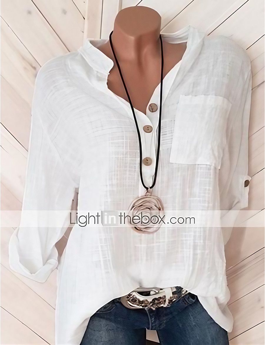  Women's Blouse Shirt Solid Colored Long Sleeve Shirt Collar Tops Cotton White Blue Red