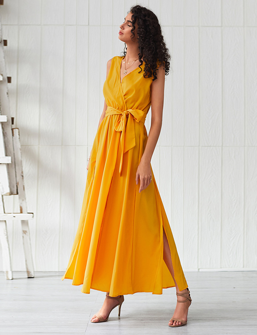 Women's Swing Dress Maxi long Dress Yellow Long Sleeve Solid Color ...