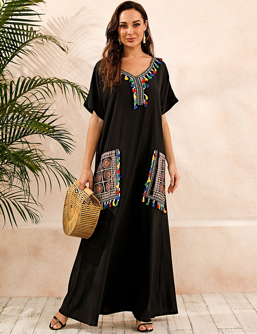 Women's Kaftan Dress Maxi long Dress Black Short Sleeve Print Summer V