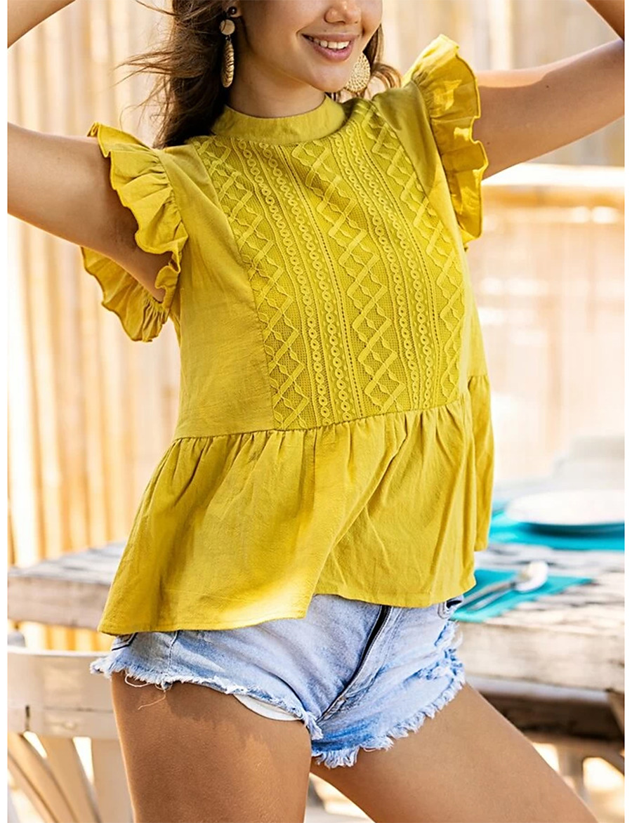 Women's Blouse Shirt Solid Ruffle Round Neck Tops Basic Top Yellow Women's Blouse Shirt Solid Ruffle Round Neck Tops Basic Top Yellow