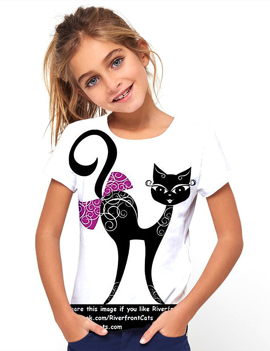  Kids Girls Basic Vacation Animal Short Sleeve T-Shirt White