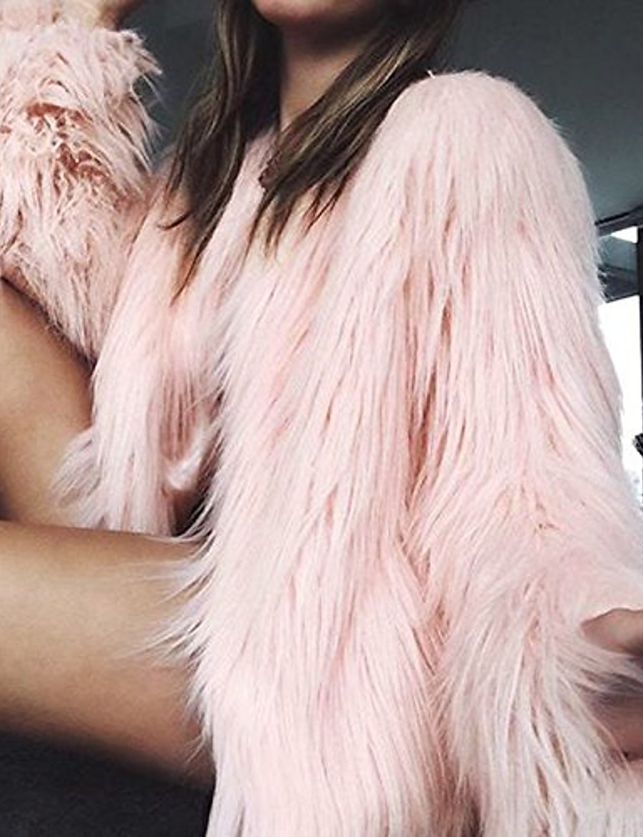  Women's Faux Fur Coat Fall Party Going out Regular Coat Regular Fit Streetwear Jacket Long Sleeve Solid Colored Blue Wine Pink