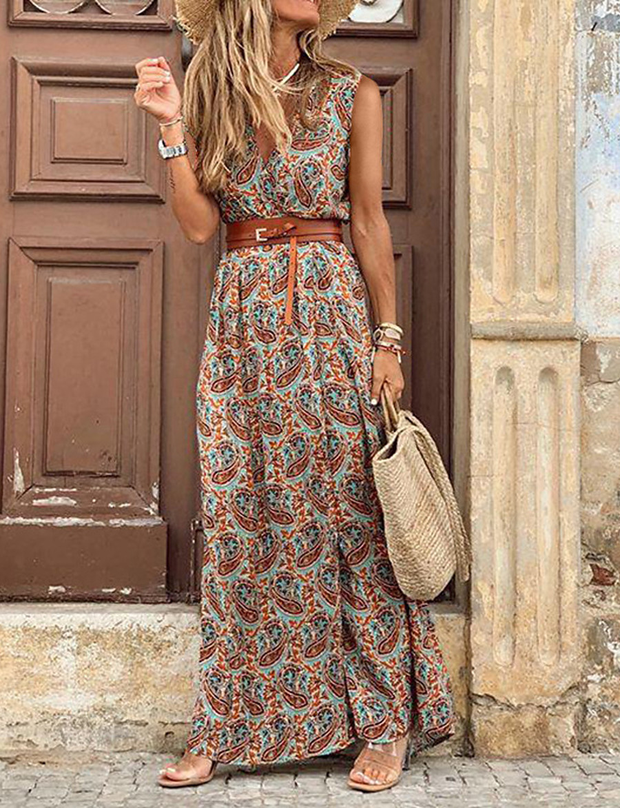 Women's Sundress Maxi long Dress Brown Sleeveless Paisley Print Summer