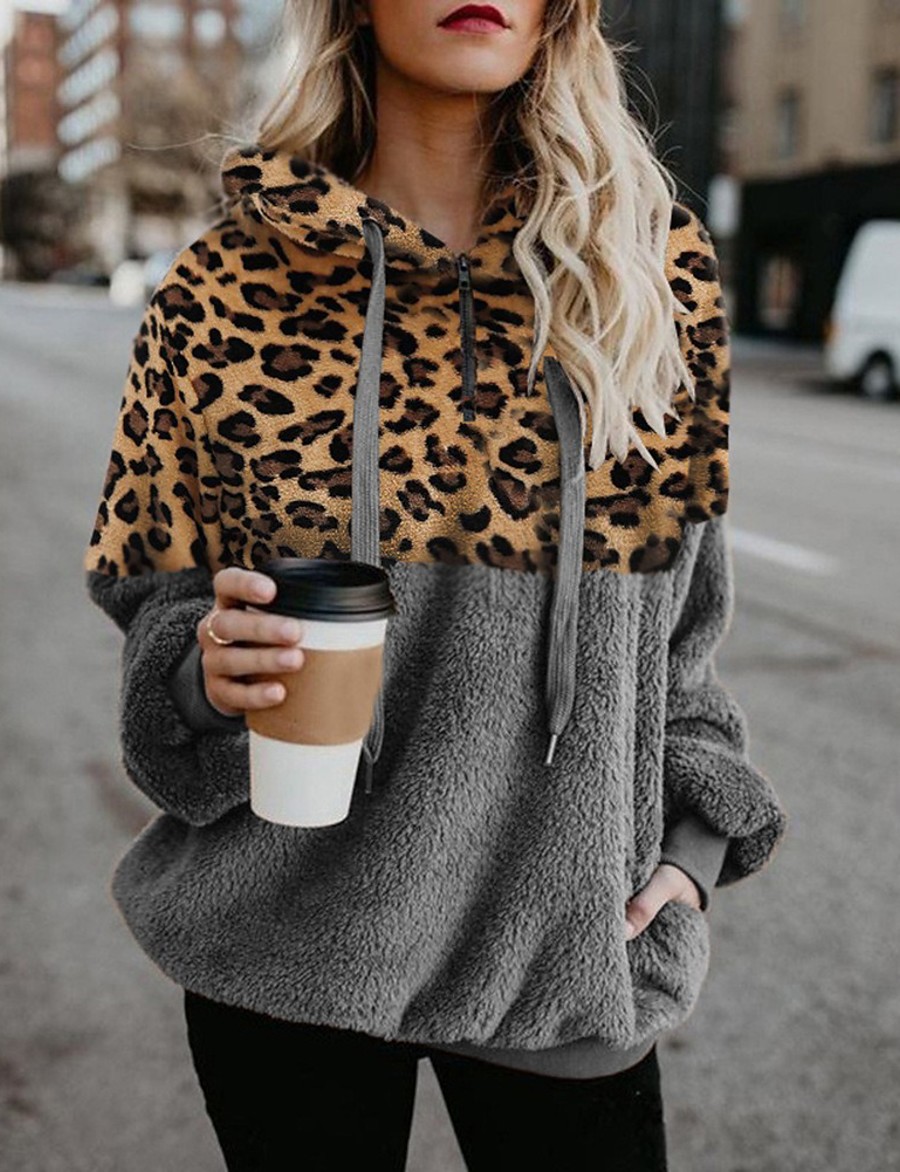  Women's Leopard Cheetah Print Brown Pullover Hoodie Sweatshirt Teddy Coat Quarter Zip Other Prints Daily Basic Hoodies Sweatshirts  Army Green Black Gray