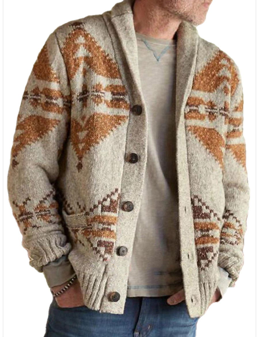  Men's Unisex Cardigan Jacquard Geometric Vintage Style Retro Knitted Stylish Sweaters Long Sleeve Sweater Cardigans Fall Winter Shirt Collar Khaki