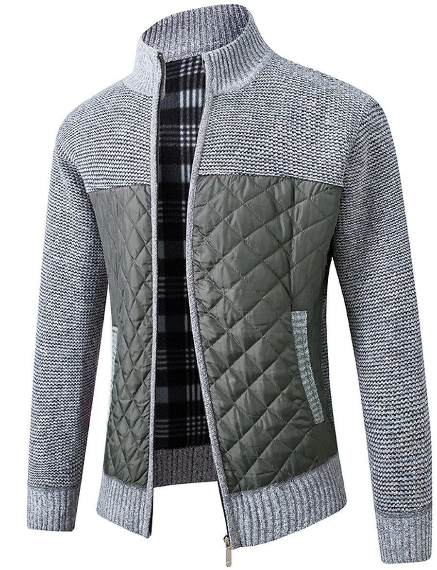  Men's Unisex Cardigan Color Block Zipper Stylish Long Sleeve Sweater Cardigans Fall Winter Stand Collar Black Light gray Dark Gray / Machine wash / Holiday