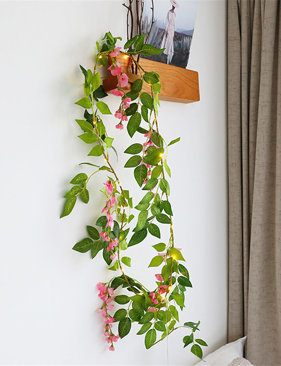 1x 2m 20 LED Kunstpflanzen Schnur hellgrünes Blatt mit Blume Efeu Rebe