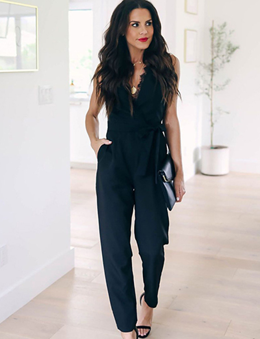 Women's Elegant Casual V Neck Black Jumpsuit Slim Lace Solid Color