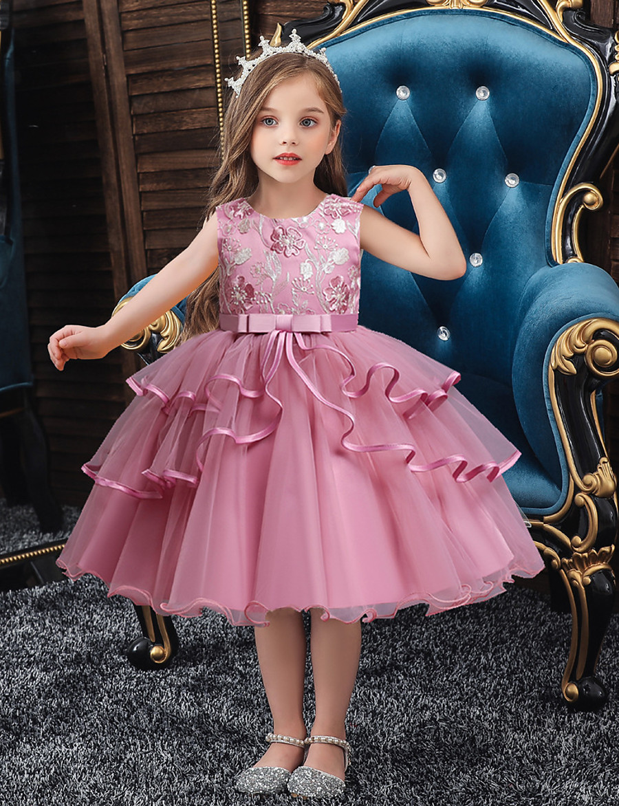  Kids Little Girls' Party Dress Solid Colored Layered Dress Mesh Patchwork Bow Blue Red Blushing Pink Knee-length Sleeveless Basic Sweet Dresses Regular Fit 2-10 Years