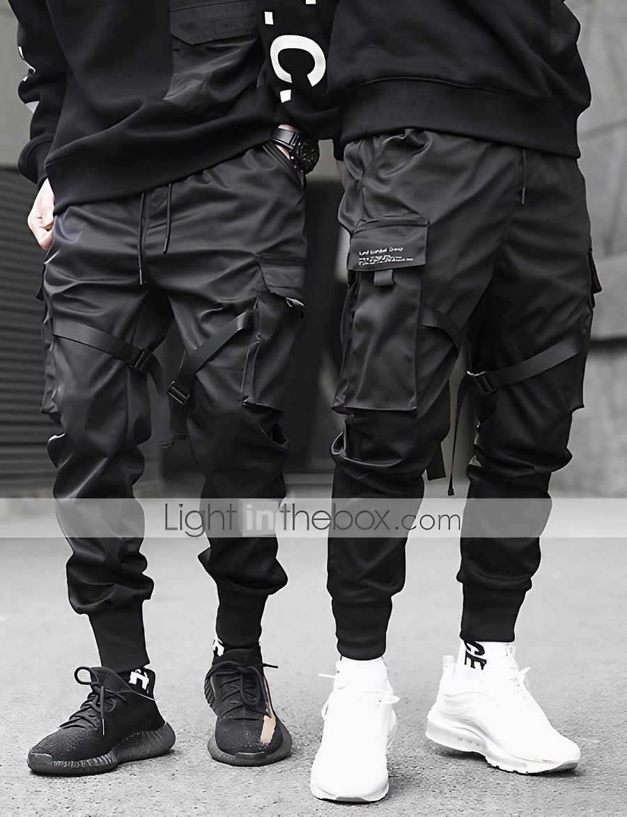  Men's Streetwear Ribbon Elastic Drawstring Design Jogger Cargo Pants Pants Sports & Outdoor Street Cotton Solid Color Black S M L XL XXL