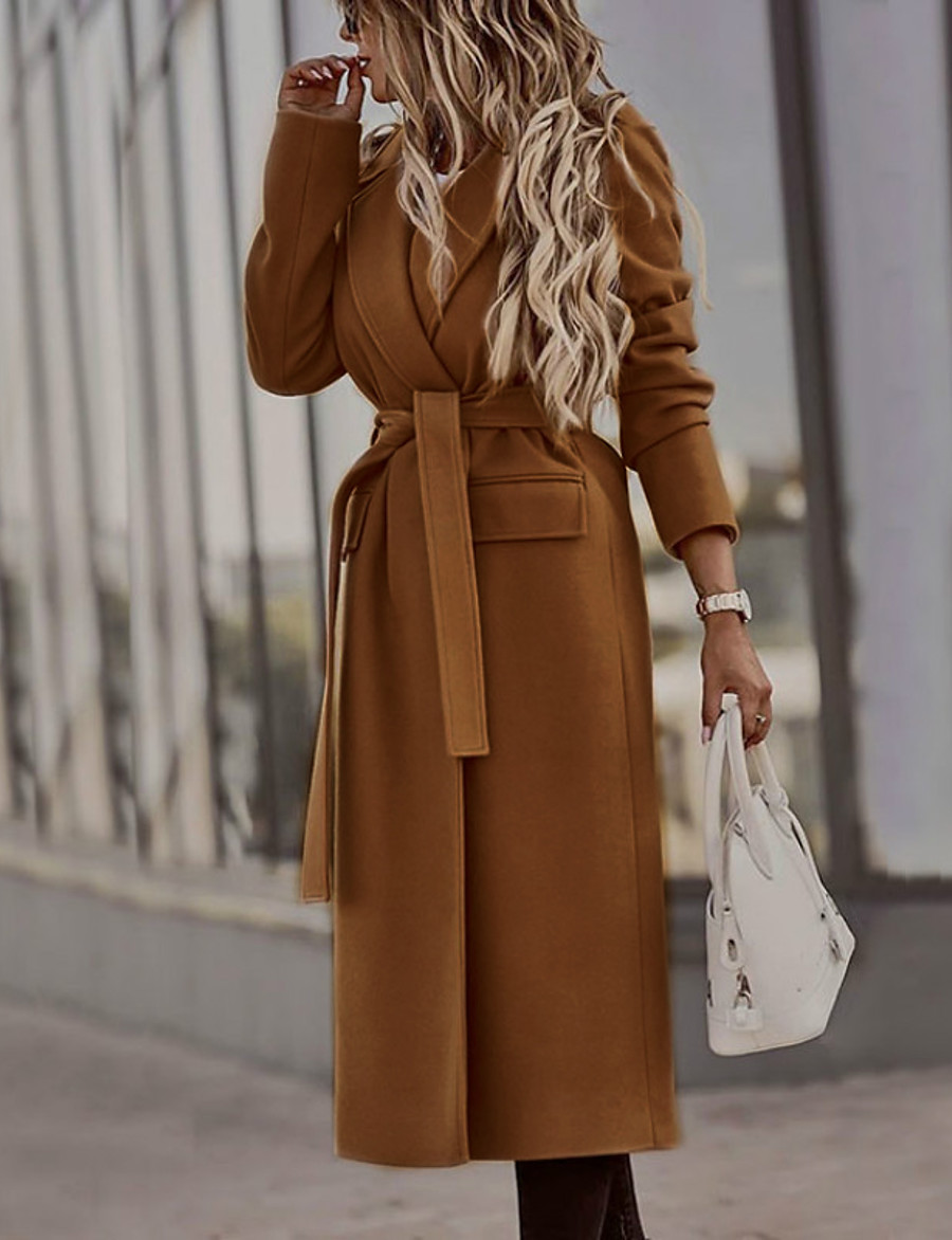  Women's Coat Fall Winter Daily Date Long Coat Notch lapel collar Regular Fit Elegant & Luxurious Jacket Long Sleeve With Belt Solid Colored Khaki Black