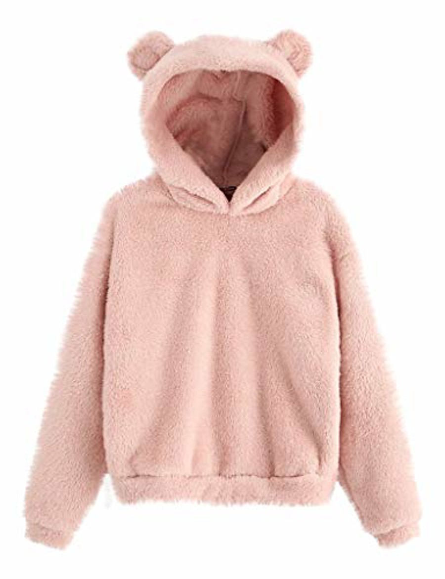  women's fleece fuzzy bear ear hooded sweatshirts hoodie long sleeve casual pullover tops pink