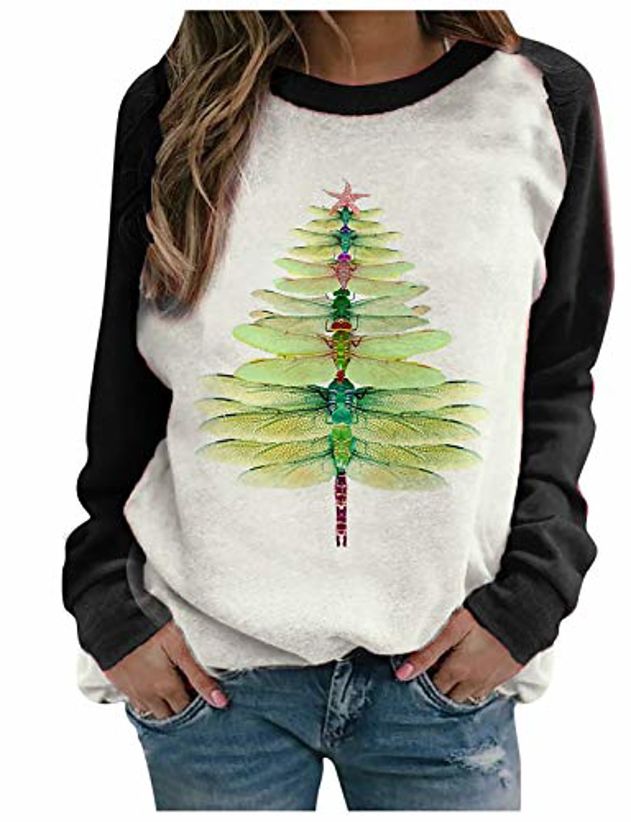  Women's Dragonfly Christmas Tree Print Sweatshirt, Jumpers for Women, Christmas Tops for Women, Womens Sweatshirt Casual Long Sleeve, Christmas Tops, Womens Crewneck Casual Fall Tops (Black, L)