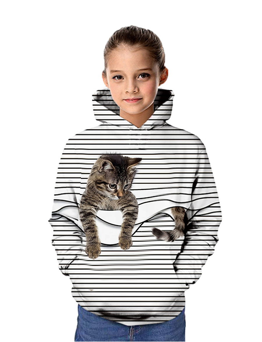  Kids Girls' Hoodie & Sweatshirt Long Sleeve Cat Graphic 3D Animal Print White Purple Red Children Tops Active