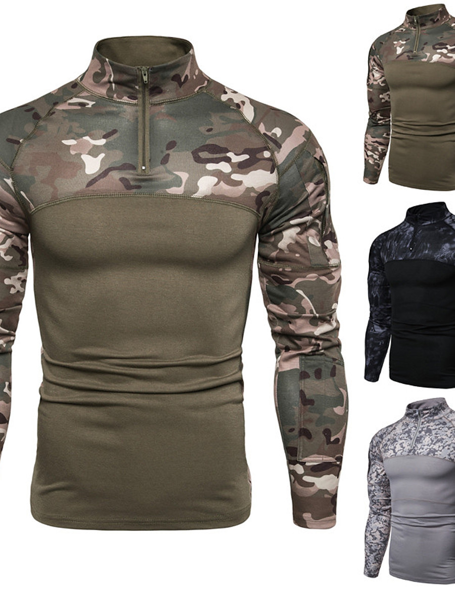  Men's T shirt Camouflage Standing Collar Casual Daily Long Sleeve Zipper Tops Lightweight Casual Classic Slim Fit Black Army Green Gray / Sports