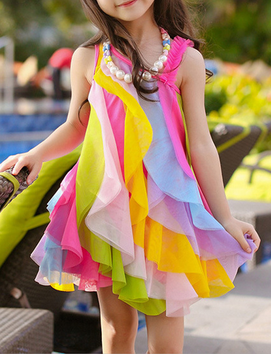  Kids Little Girls' Dress Rainbow Waves Colorful Sundress Holiday Layered One Shoulder Fuchsia Asymmetrical Sleeveless Cute Sweet Boho Dresses Summer Regular Fit