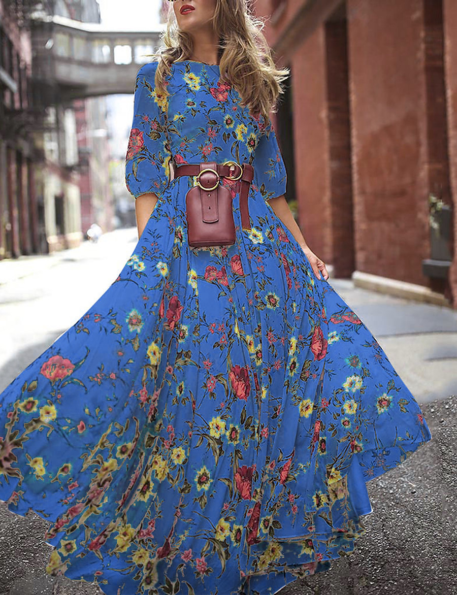  Women's Maxi long Dress Swing Dress Blue Green White 3/4 Length Sleeve Patchwork Print Floral Print Round Neck Fall Spring Elegant Casual Holiday 2021 S M L XL XXL