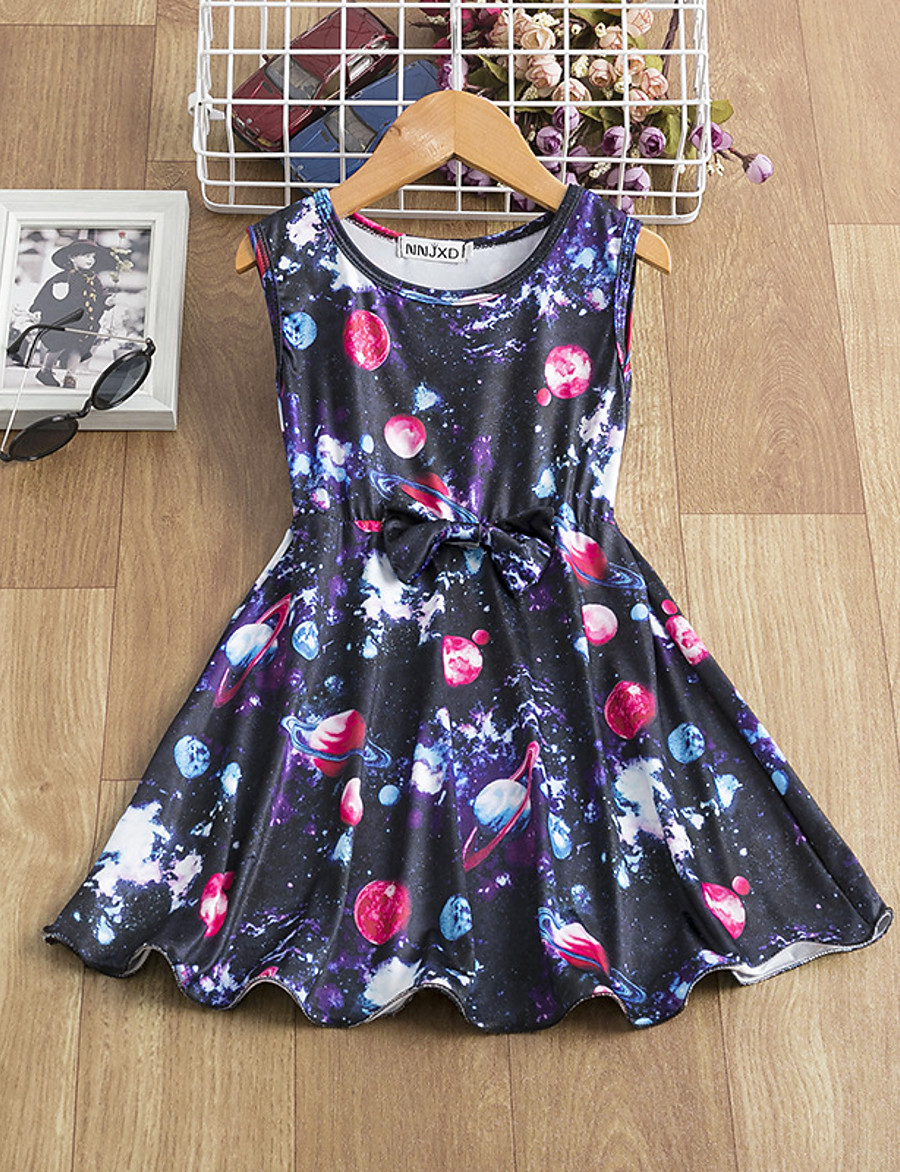  Kids Little Girls' Dress Galaxy Tie Dye Causal Pleated Black Knee-length Sleeveless Active Dresses