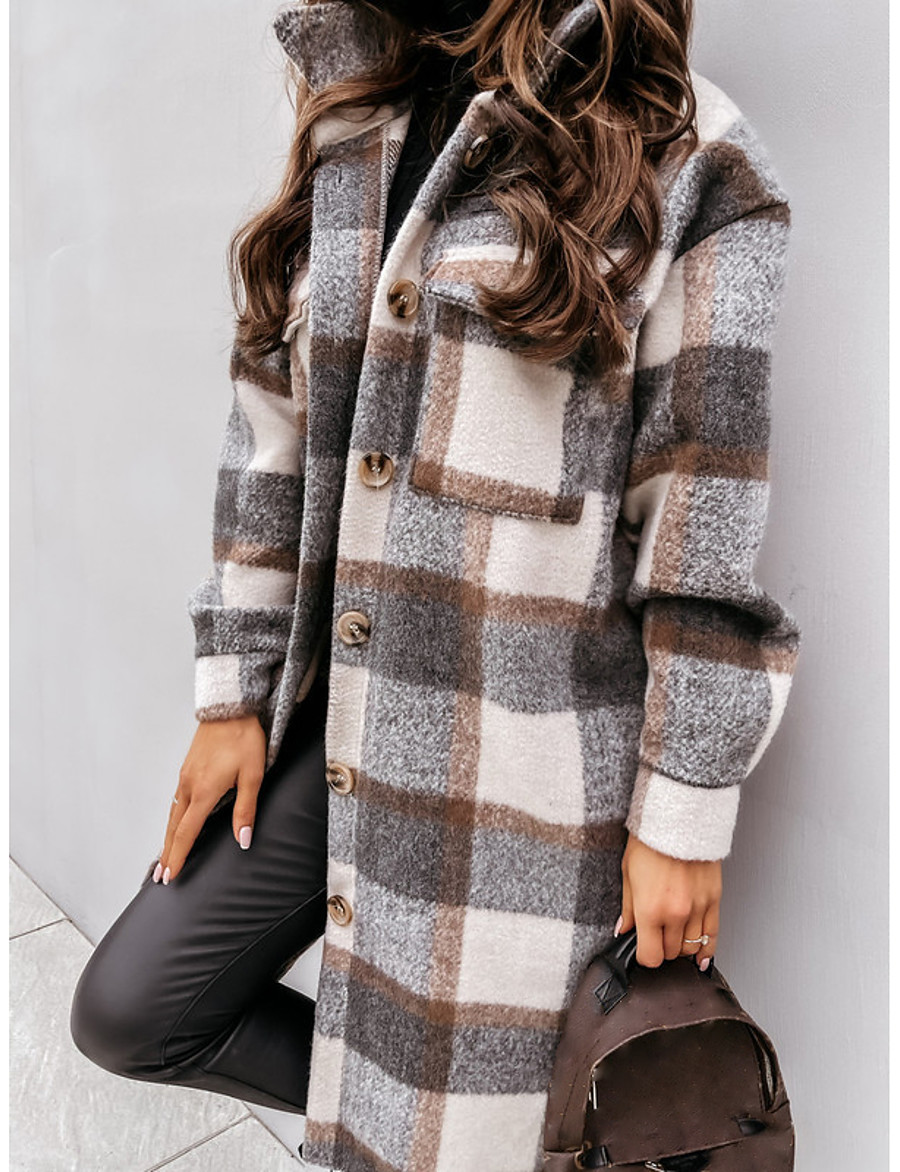  Women's Trench Coat Fall Winter Spring Holiday Going out Long Coat Warm Regular Fit Casual Streetwear Jacket Long Sleeve Patchwork Plaid Gray Khaki Brown