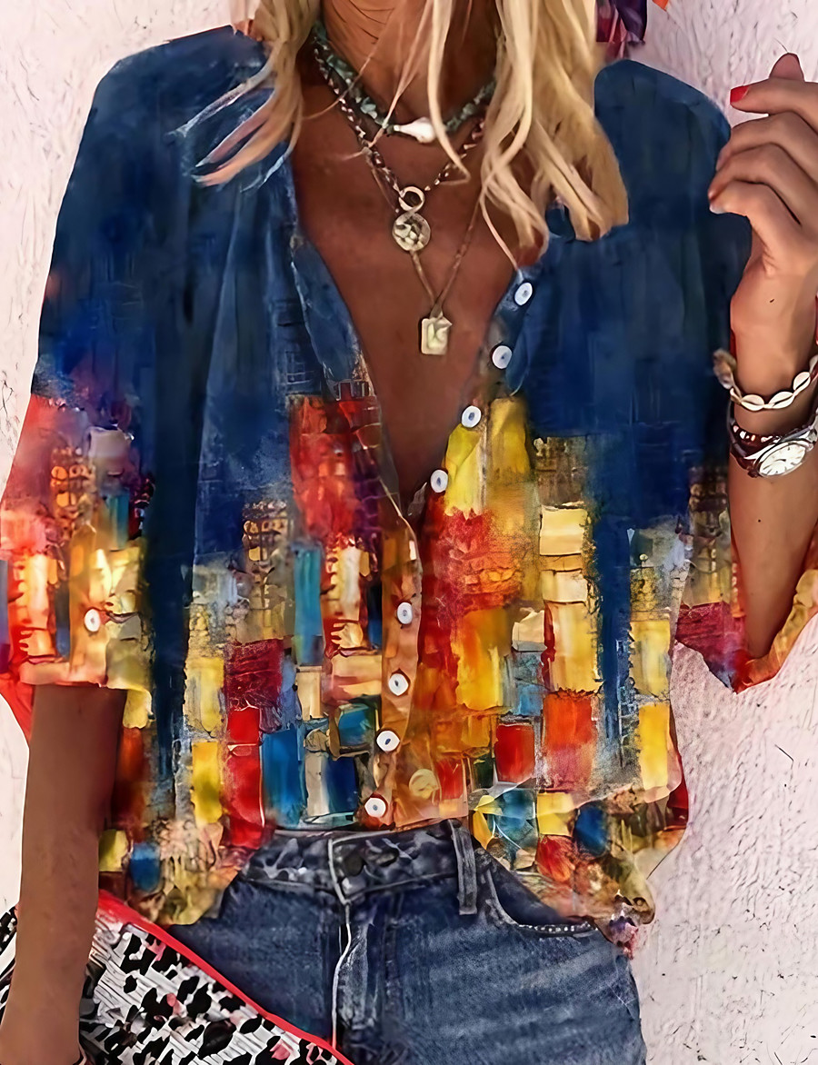  Women's Blouse Shirt Long Sleeve City Graphic Scenery Standing Collar Print Ethnic Chinoiserie Tops Regular Fit Puff Sleeve Blue Yellow Wine