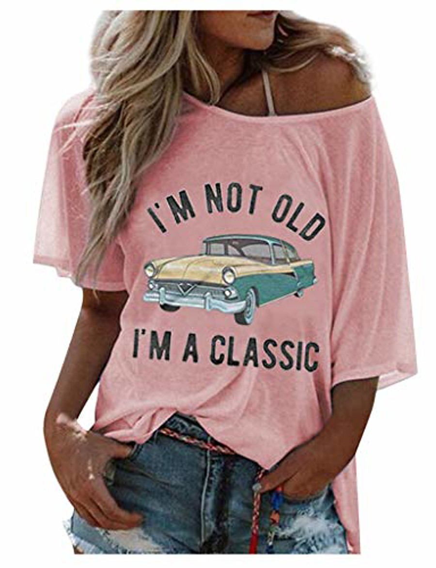  dengzi i'm not old i'm a classic women's casual summer letter print crew neck short sleeve t-shirt - pink - medium