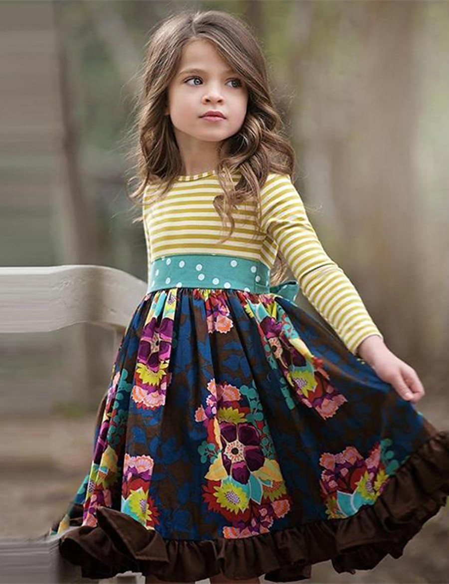  Kids Little Dress Girls' Floral Navy Blue Knee-length Cotton Long Sleeve Cute Dresses Regular Fit