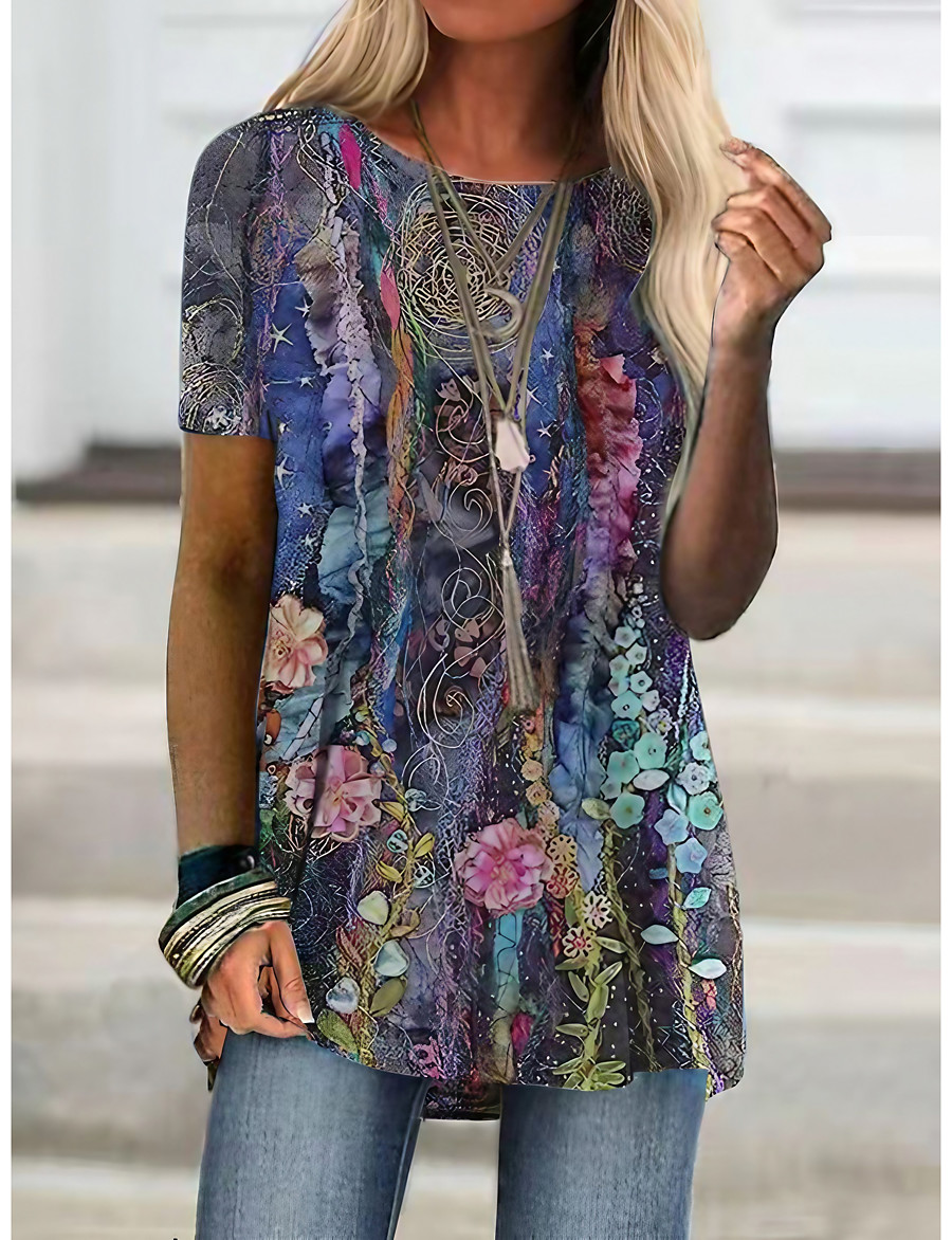  Women's Holiday Floral Theme T shirt Floral Graphic Print Round Neck Basic Tops Purple Yellow Light Purple