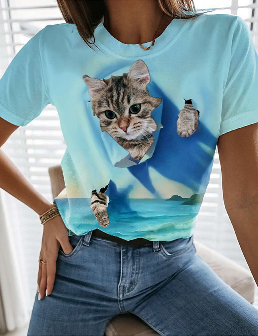  Women's 3D Cat T shirt Cat Graphic 3D Print Round Neck Basic Tops Blue