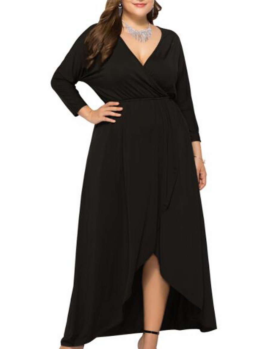  Women's Plus Size Solid Color Swing Dress V Neck Long Sleeve Party Sexy Fall Spring Vacation Going out Maxi long Dress Dress