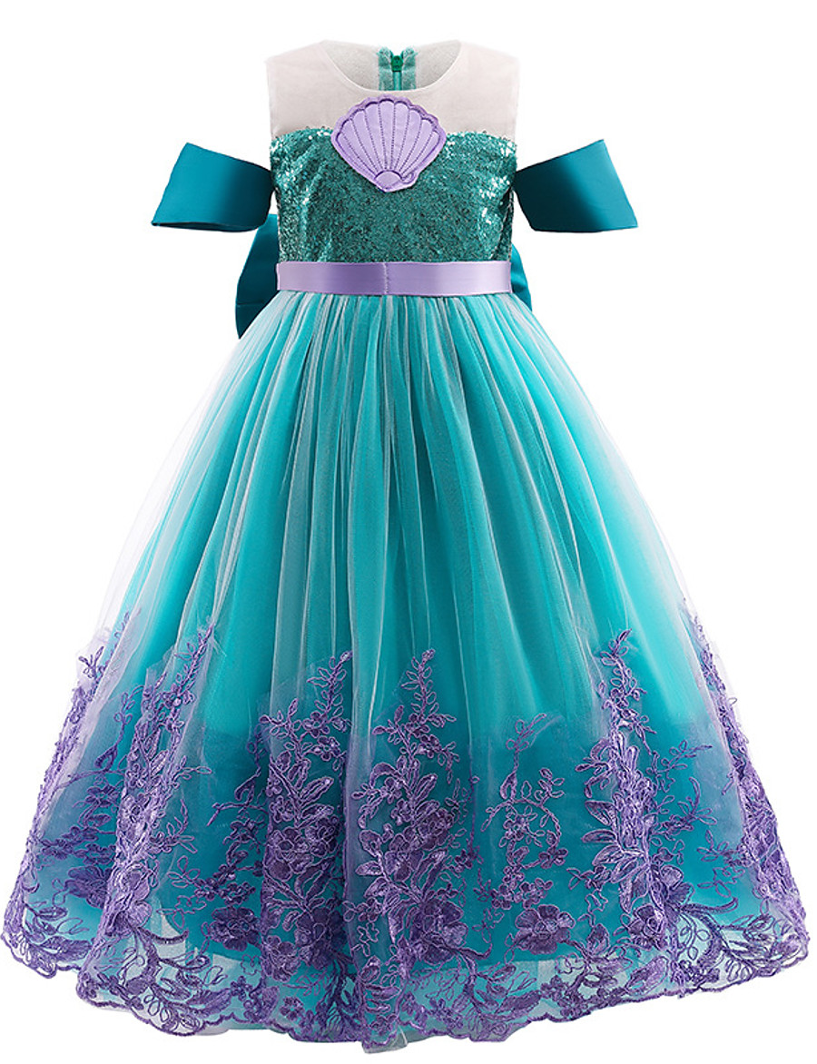  Kids Little Girls' Dress Floral The Little Mermaid Party Festival Tulle Dress Embroidered Mesh Bow Purple Green Midi Mesh Satin Cotton Sleeveless Princess Sweet Dresses Summer Regular Fit 3-10 Years