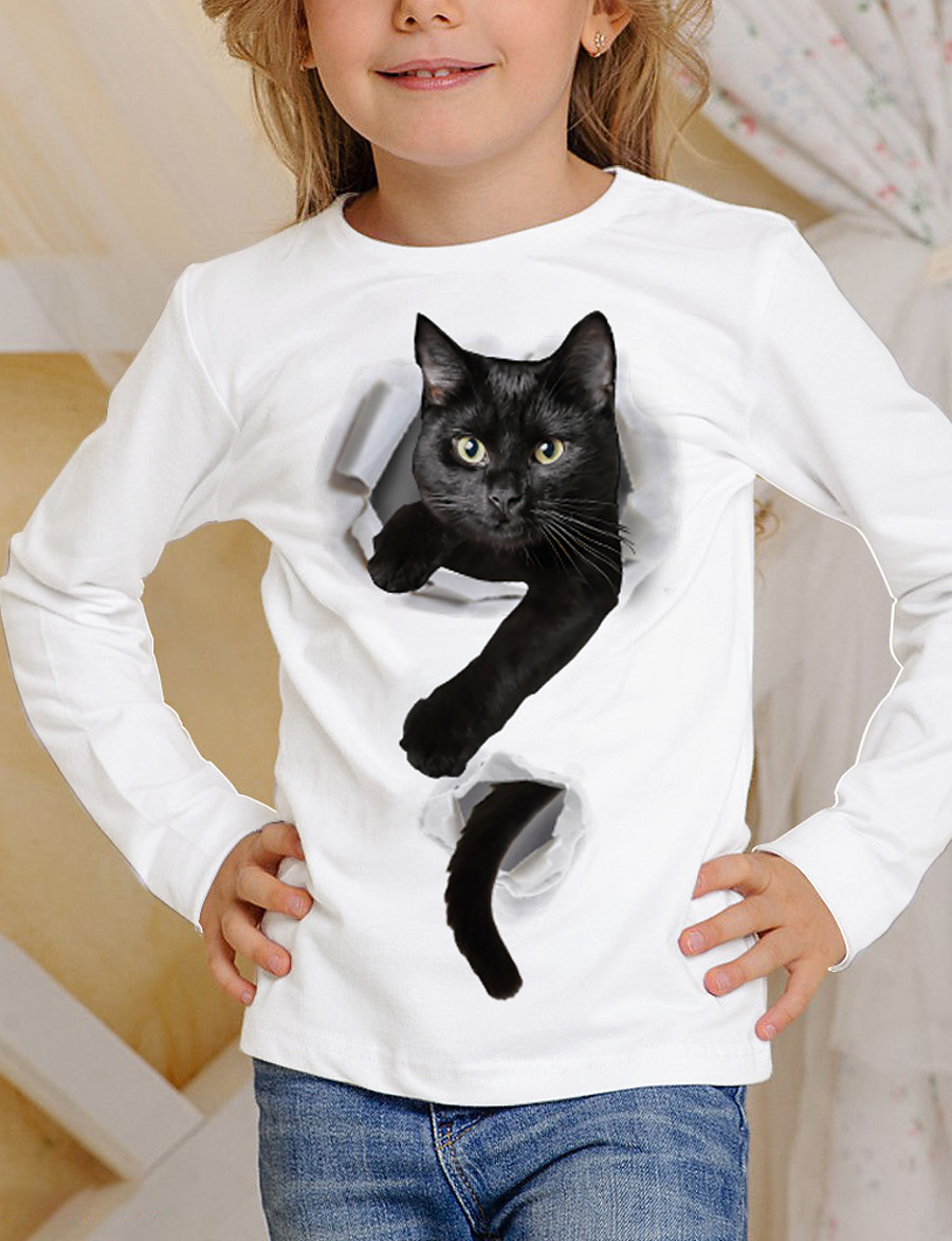  Kids Boys' Girls' T shirt Tee Long Sleeve White 3D Print Cat Print Animal School Casual Daily 4-12 Years / Fall