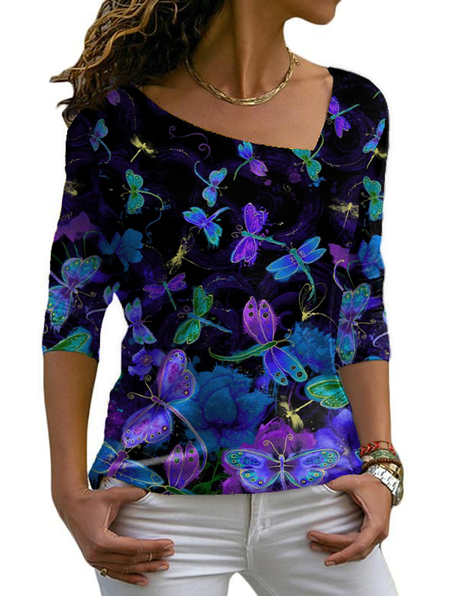  Women's Holiday T shirt Floral Theme Painting Long Sleeve Graphic Animal V Neck Print Basic Tops Regular Fit Purple / 3D Print