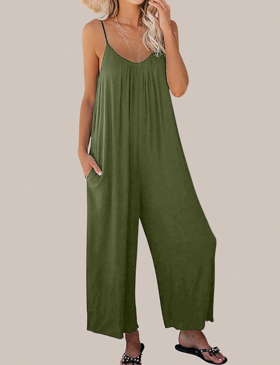  Women's Basic Daily Wide Leg ArmyGreen Black Gray Overall Loose Solid Color Fall / Sleeveless / Wash separately
