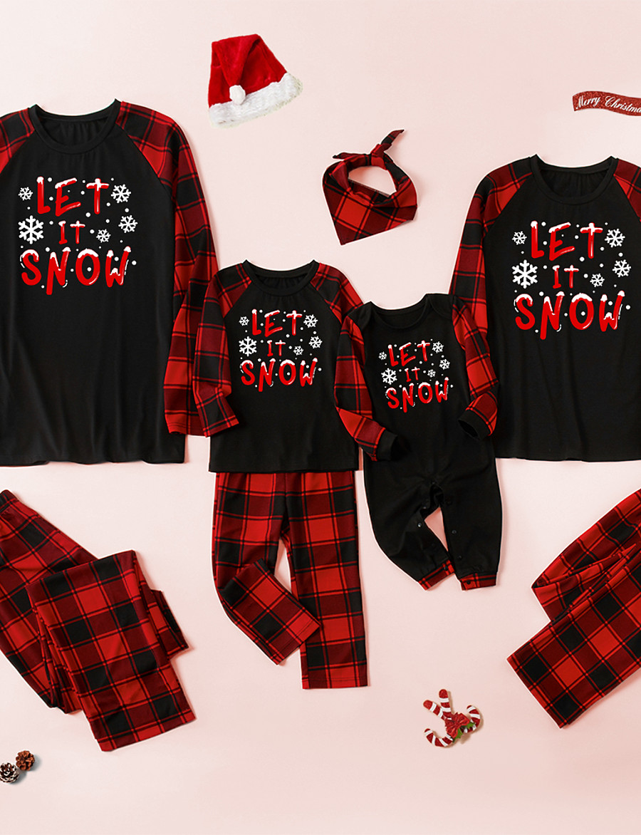  Family Look Christmas Pajamas Christmas Gifts Plaid Letter Patchwork Black Gray Long Sleeve Adorable Matching Outfits / Fall / Winter / Print