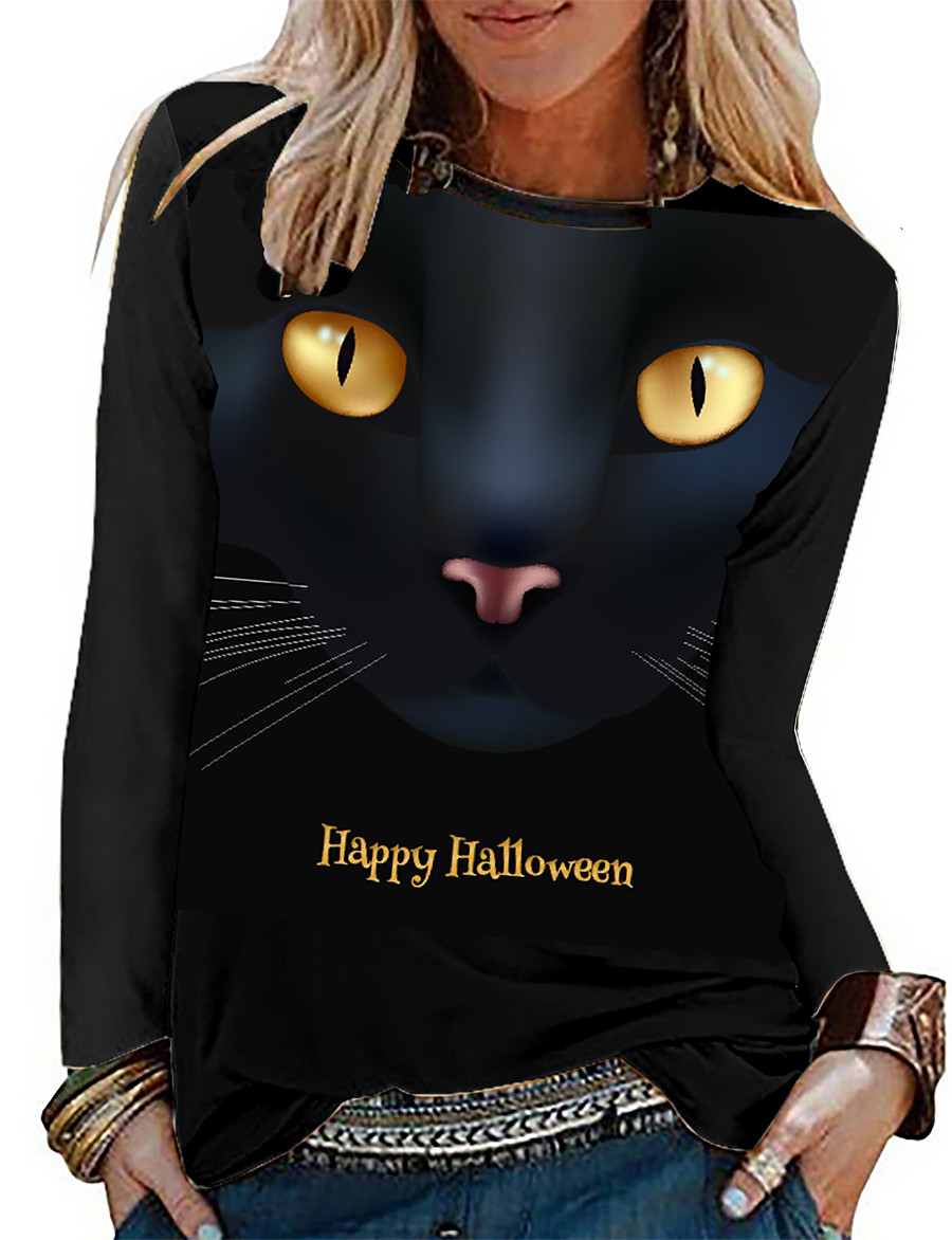  Women's Halloween T shirt 3D Cat Painting Long Sleeve Cat 3D Animal Round Neck Print Basic Halloween Tops Black / 3D Print