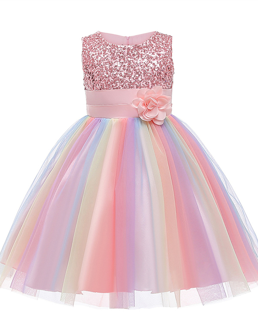  Kids Little Dress Girls' Rainbow Flower Party Sequins Pleated Bow Blue Purple Blushing Pink Knee-length Lace Tulle Sleeveless Cute Dresses Easter