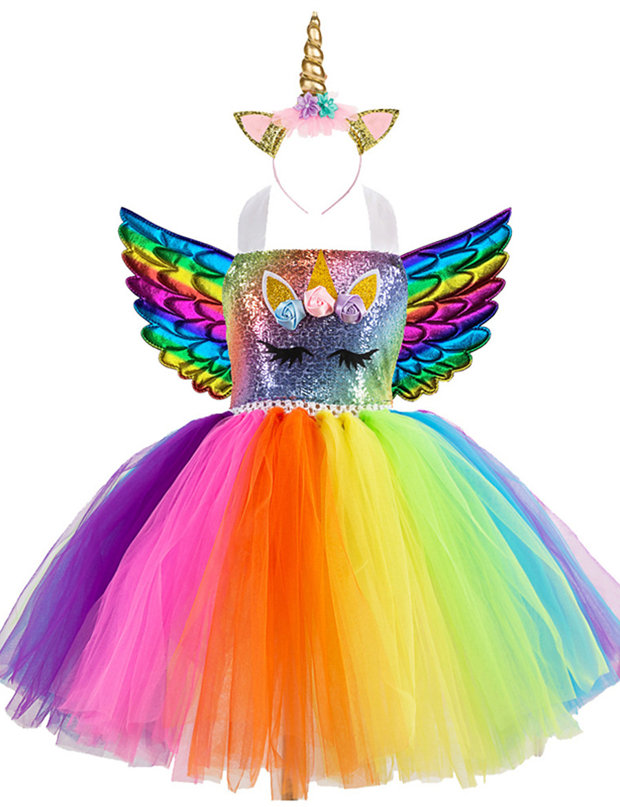  Kids Little Girls' Dress 3 Pcs Unicorn Rainbow Patchwork Birthday Party Sequins Lace up Patchwork Colorful Blue Gold Knee-length Sleeveless Active Costumes Cute Dresses Easter Regular Fit 3-10 Years