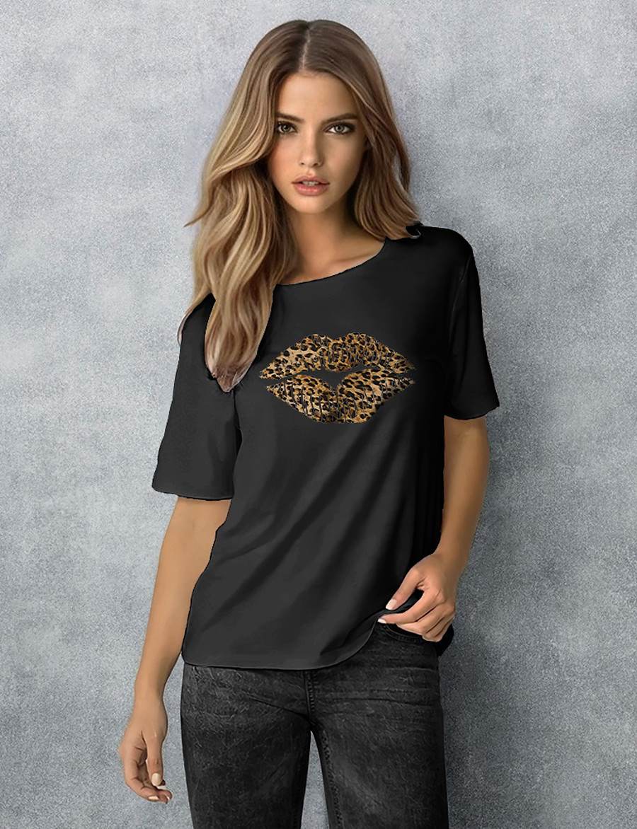  Women's T shirt Leopard Round Neck Print Basic Tops 100% Cotton Yellow Wine Green