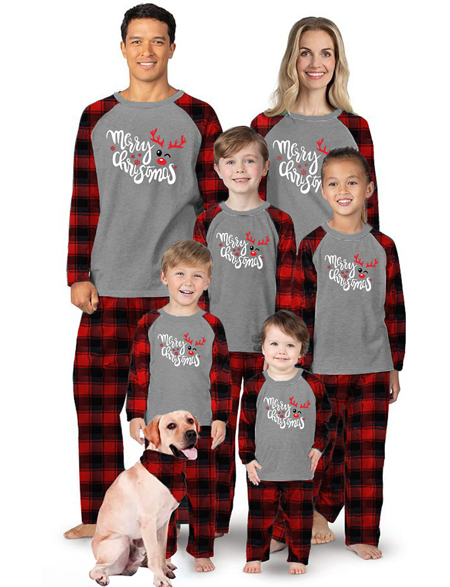  Christmas Pajamas Family Look Christmas Gifts Plaid Deer Letter Patchwork Black Gray Long Sleeve Adorable Matching Outfits / Fall / Winter / Print