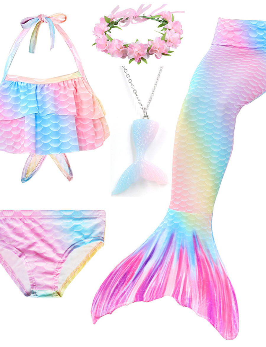  Kids Girls' Bikini 5pcs Swimsuit Mermaid Tail Swimwear Cosplay Rainbow Halter Print Purple Blushing Pink Party Costumes Princess Bathing Suits