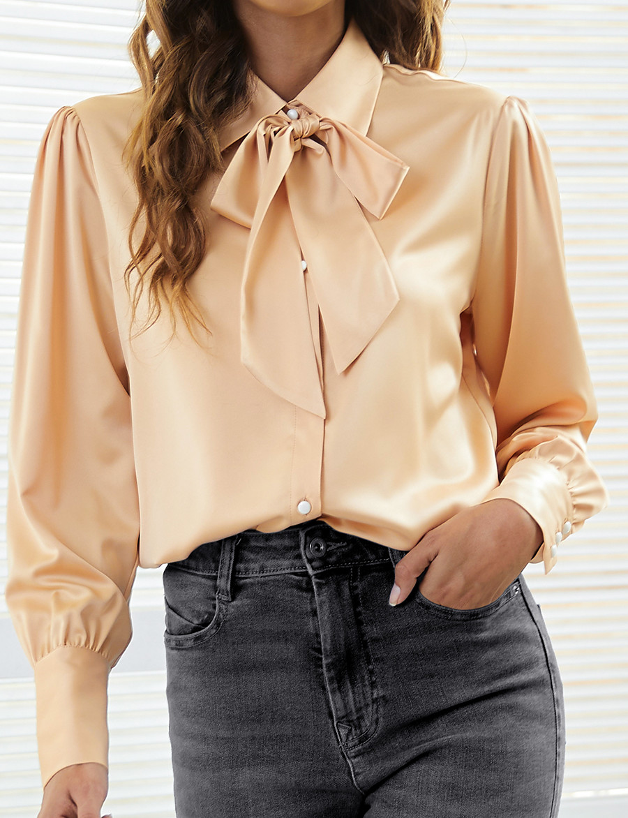  Women's Work Blouse Plain Sparkly Glittery Shirt Collar Lace up Streetwear Tops Silk Like Satin White Light Brown Red / Machine wash / Smooth Sensations