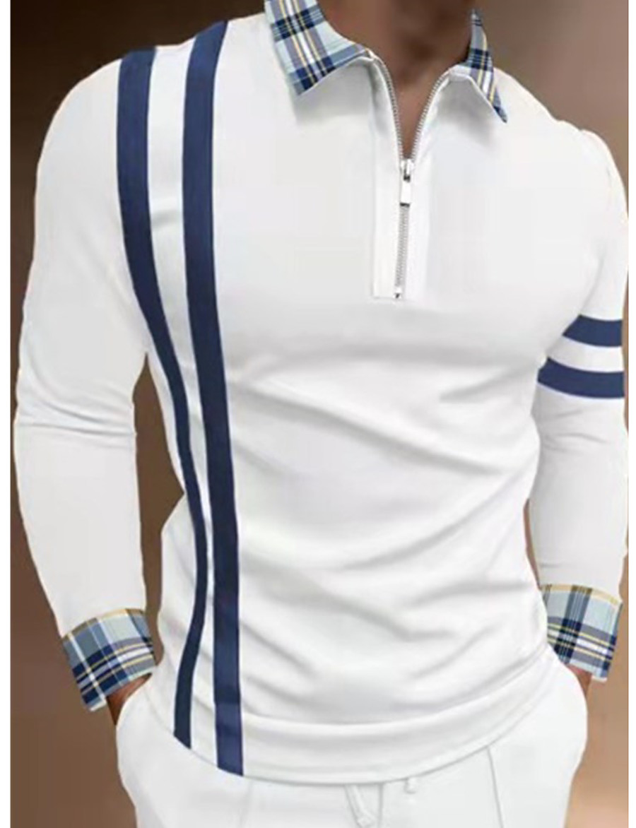  Men's Golf Shirt Graphic Prints Letter Standing Collar Work Club Long Sleeve Braided Patchwork Slim Tops Cotton Business Fashion Retro Hip-Hop White / Beach